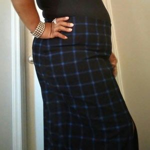 Blue plaid long skirt with front split